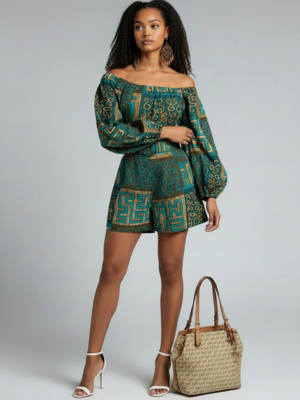 OFUURE Teal & Gold Off-Shoulder Ankara  Romper